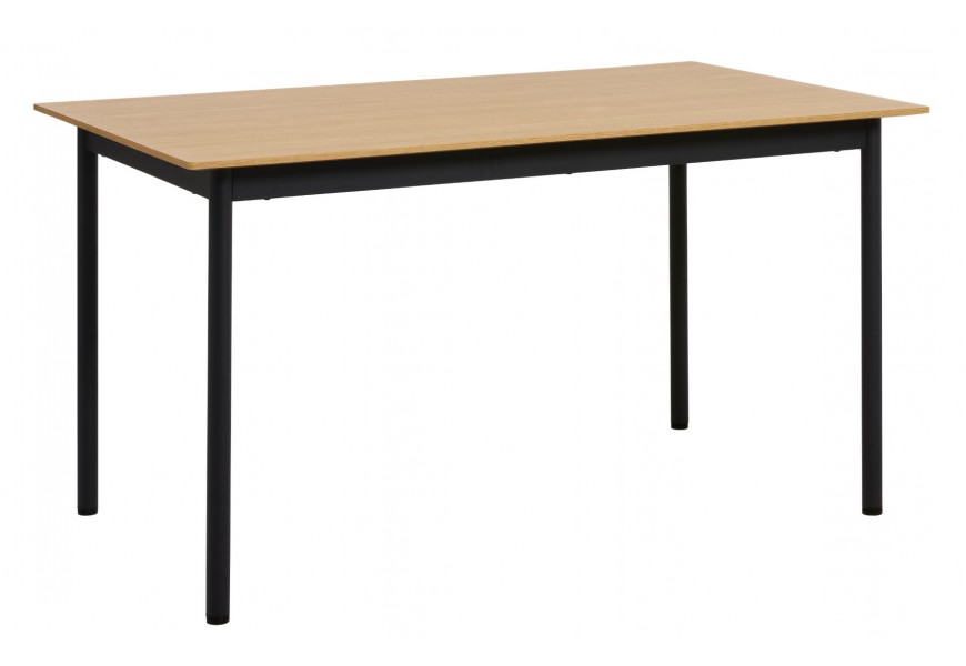 Industriálny jedálenský stôl Malmo s čiernou kovovou podstavou so štyrmi štíhlymi nohami a obdĺžnikovou vrchnou doskou s melamínovým povrchom v prírodnom svetlom hnedom dubovom prevedení