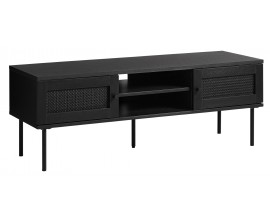 Retro industri&aacute;lny čierny TV stol&iacute;k Malmo s dvomi dvierkami s ratanov&yacute;m viedensk&yacute;m v&yacute;pletom a dvomi policami 120 cm