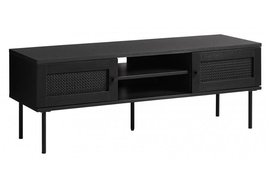 Moderný obdĺžnikový televízny stolík Malmo v čiernom dubovom prevedení s dvomi jednodverovými skrinkami s ratanovým výpletom s viedenským vzorom s dvomi otvorenými policami a piatimi kovovými nohami