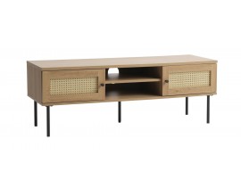Modern&yacute; obdĺžnikov&yacute; telev&iacute;zny stol&iacute;k Malmo vo svetlom hnedom dubovom preveden&iacute; s dvomi dvierkami s ratanov&yacute;m v&yacute;pletom s viedensk&yacute;m vzorom v b&eacute;žovej farbe s dvomi policami s piatimi nohami z kovu v čiernej farbe