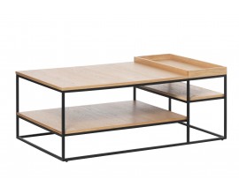 Industriálny konferenčný stolík Soldo s obdĺžnikovou svetlou hnedou dubovou doskou a policami s čiernym rámom z kovu 120 cm