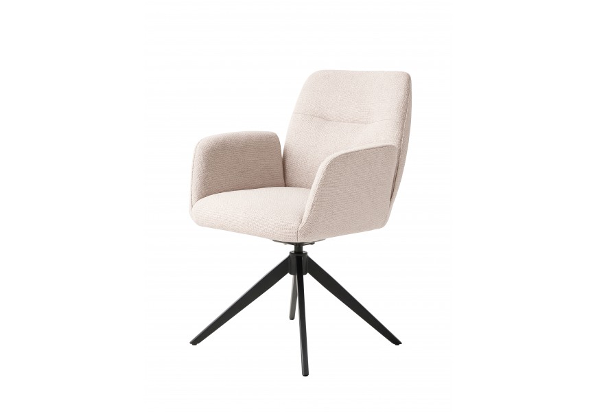 Dizajnové čalúnené jedálenské kreslo Jens s poťahom z mikrovlákna v slonovinovej béžovej farbe s otočnou podstavou z kovu v čiernej farbe so štyrmi nohami
