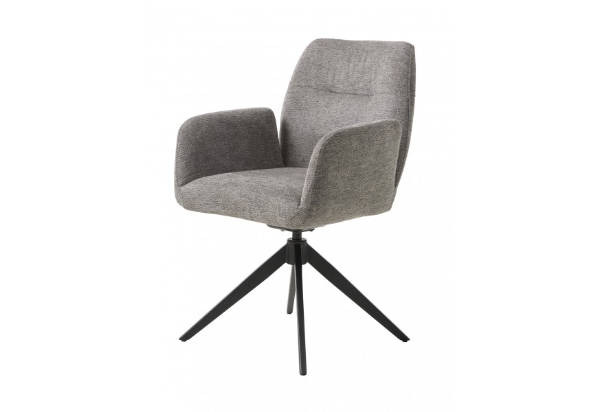 Moderné sivé jedálenské kreslo Jens s melírovaným hladko tkaným poťahom s opierkami na ruky a penovým čalúnením s podstavou s kovu s otočným mechanizmom sedadla a štyrmi šikmými nohami v čiernej farbe