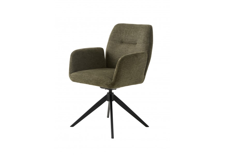 Moderná dizajnová otočná jedálenská stolička Jens s čalúnením a poťahom s hladkým tkaním a melírovaným efektom v olivovej zelenej farbe s opierkami na ruky a podstavou z kovu v čiernej farbe so štyrmi nohami