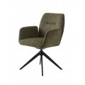 Moderná dizajnová otočná jedálenská stolička Jens s čalúnením a poťahom s hladkým tkaním a melírovaným efektom v olivovej zelenej farbe s opierkami na ruky a podstavou z kovu v čiernej farbe so štyrmi nohami