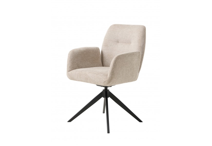 Moderná dizajnová otočná jedálenská stolička Jens s opierkami na ruky s béžovým čalúnením v pieskovom odtieni a čiernou kovovou podstavou so štyrmi nohami