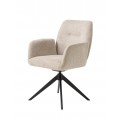 Moderná dizajnová otočná jedálenská stolička Jens s opierkami na ruky s béžovým čalúnením v pieskovom odtieni a čiernou kovovou podstavou so štyrmi nohami