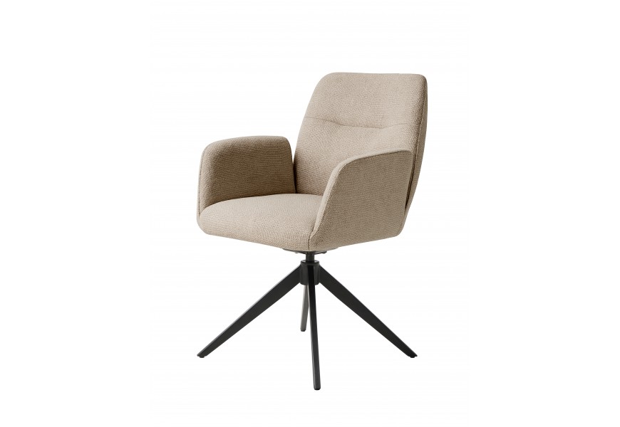 Dizajnové moderné otočné jedálenské kreslo Jens s opierkami na ruky a poťahom z mikrovlákna so ženilkovou povrchovou úpravou v odtieni taupe v hnedosivej farbe s podstavou z kovu so štyrmi nohami v čiernej farbe