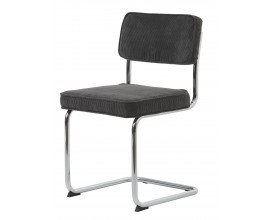 Retro chr&oacute;mov&aacute; siv&aacute; jed&aacute;lensk&aacute; stolička Bente s leskl&yacute;m kovov&yacute;m r&aacute;mom s konzolov&yacute;m dizajnom s čal&uacute;nen&yacute;m sedadlom a chrbtovou opierkou s menčestrov&yacute;m poťahom v tmavej sivej farbe