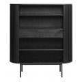 Modern&aacute; čierna ov&aacute;lna barov&aacute; skrinka Odense s posuvn&yacute;mi dvierkami bez &uacute;chytiek s 3D lamelov&yacute;m dekorom a kovov&yacute;mi nohami 125 cm 