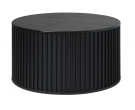Luxusný moderný čierny okrúhly konferenčný stolík Odense s lamelovým dizajnom s úložným priestorom a posuvnými dvierkami 85 cm 