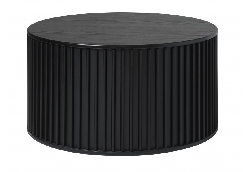 Retro dizajnový okrúhly konferenčný stolík Odense v čiernom dubovom prevedení s hladkou vrchnou doskou s úložným priestorom a s vertikálnymi lamelami