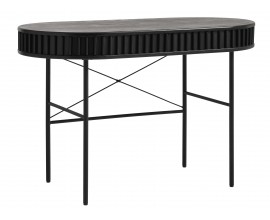 Luxusn&yacute; modern&yacute; ov&aacute;lny p&iacute;sac&iacute; st&ocirc;l Odense s lamelov&yacute;m čiernym dubov&yacute;m dekorom s posuvn&yacute;m otv&aacute;ran&iacute;m s kovov&yacute;mi nohami 120 cm 