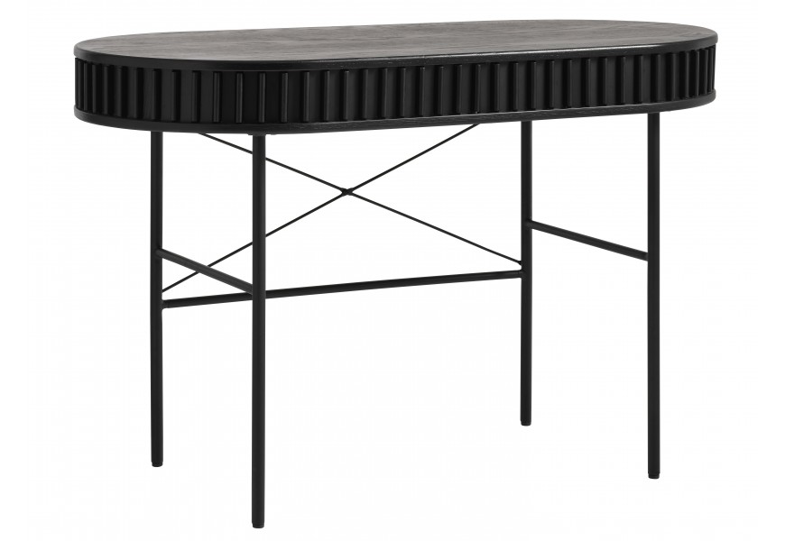 Industriálny čierny písací stôl Odense z masívneho dubového dreva s 3D reliéfom s oválnou tmavou hornou doskou s dubovým dekorom dyhy a kovovými štíhlymi nohami s výstuhou do tvaru X