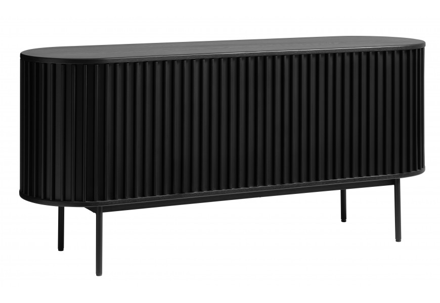 Luxusný art deco čierny príborník Odense oválneho tvaru z dubového dreva s dvojitými posuvnými dvierkami s vertikálnym lamelovým zdobením so štíhlymi nohami z kovu