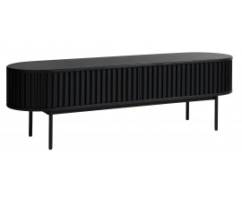 Luxusn&yacute; modern&yacute; TV stol&iacute;k Odense ov&aacute;lneho tvaru v čiernej farbe s &uacute;ložn&yacute;m priestorom s posuvn&yacute;mi dvierkami s lamelami 160 cm