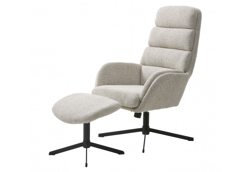 Moderné kreslo Hermes s vysokou chrbtovou opierkou a podnožkou s poťahom z buklé v off white odtieni s melírovaním v hnedých a sivých tónoch s nohami z kovu v čiernej farbe