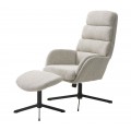 Moderné kreslo Hermes s vysokou chrbtovou opierkou a podnožkou s poťahom z buklé v off white odtieni s melírovaním v hnedých a sivých tónoch s nohami z kovu v čiernej farbe