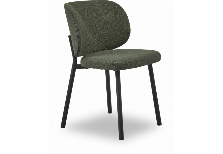Moderná dizajnová jedálenská stolička Foxy so zaoblenou zadnou časťou s čalúnenou opierkou a sedadlom s poťahom z buklé v zelenej farbe so šalviovým odtieňom a konštrukciou z kovu v čiernej farbe