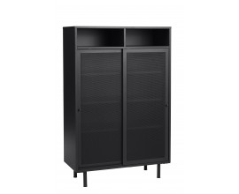 Industriálny vysoký príborník Vejle z kovu v čiernej farbe s policami a dvomi posuvnými perforovanými dvierkami 140 cm