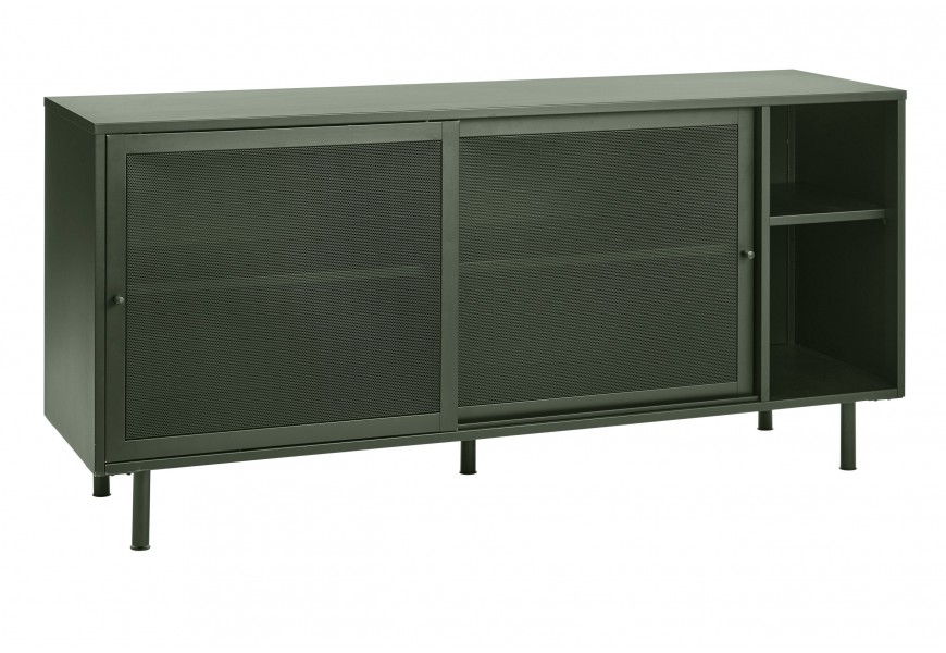 Industriálny moderný kovový zelený príborník Vejle s dvomi dvierkami s perforovaným polopriehľadným vzorom a dvomi otvorenými policami na piatich nožičkách