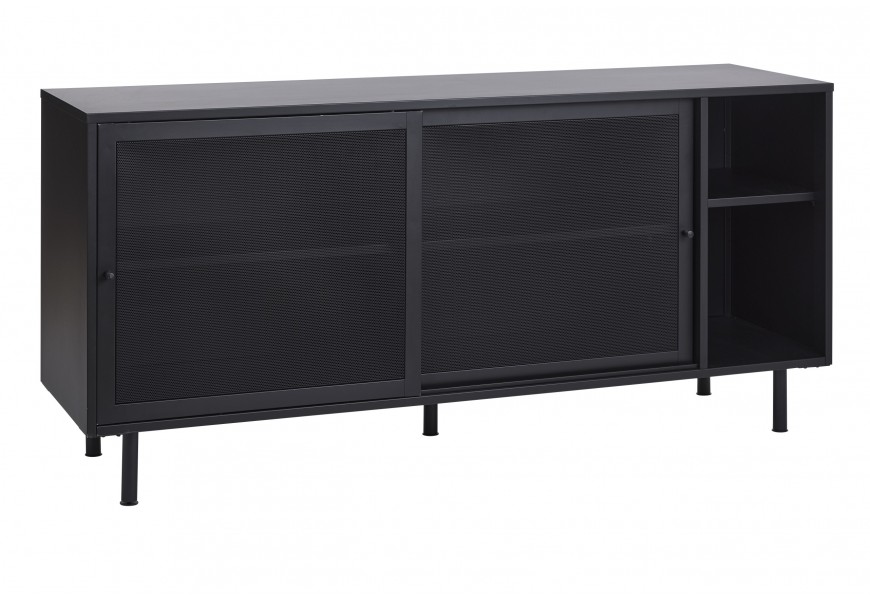 Moderný obdĺžnikový príborník Vejle z kovu v matnom čiernom prevedení s dvojitými posuvnými dvierkami s perforovaným vzorom s polopriehľadným efektom so štyrmi uzavretými a dvomi otvorenými policami s piatimi nohami