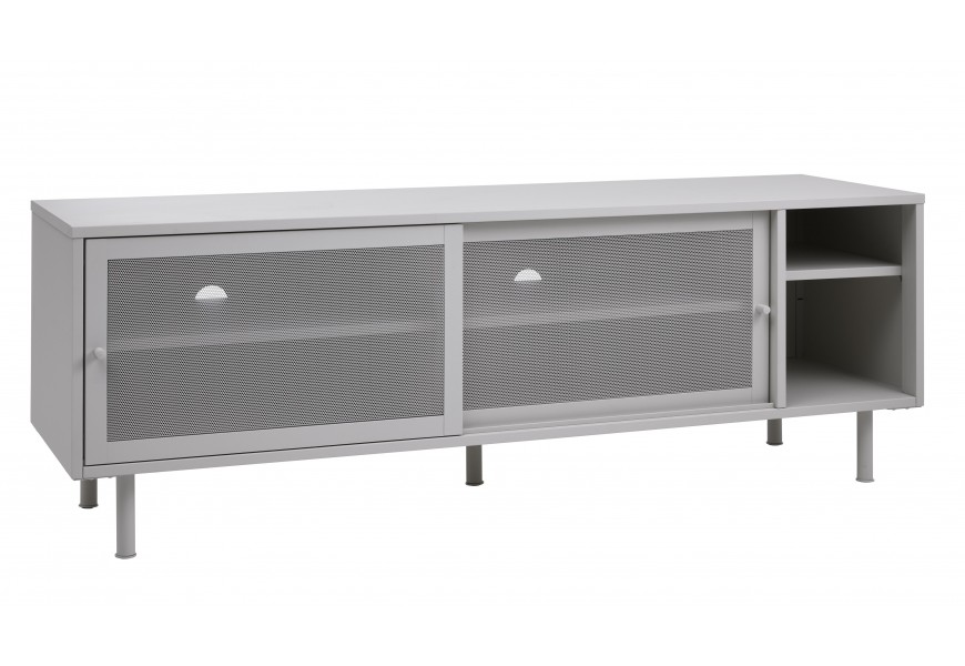 Industriálny televízny stolík Vejle z kovu vo svetlom béžovo-sivom prevedení v odtieni greige s úložným priestorom s dvomi otvorenými policami a dvojitými posuvnými dvierkami s perforovaným dizajnom