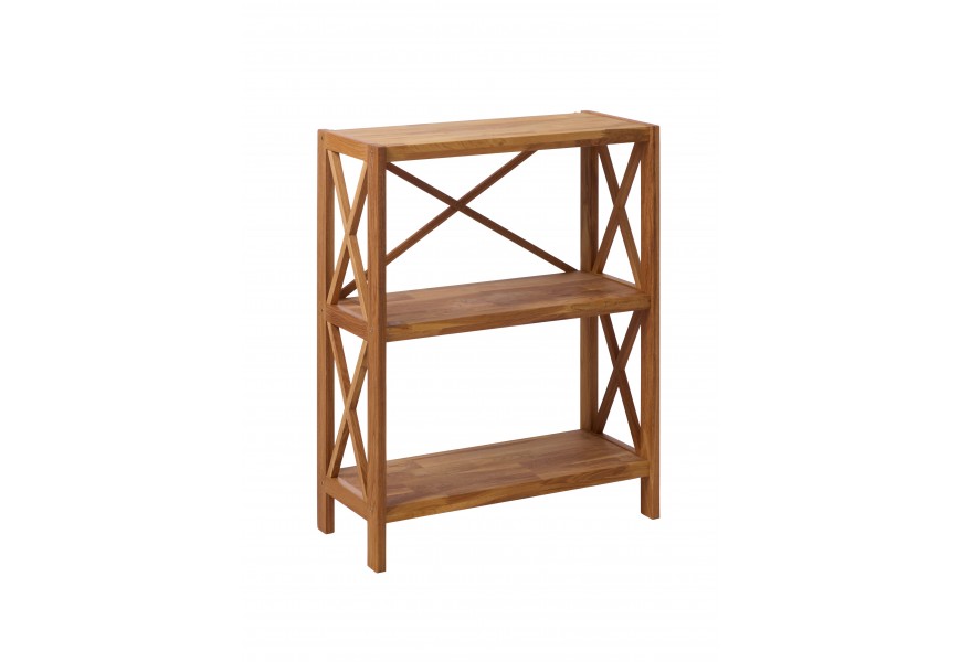 Škandinávsky masívny regál Lixi s obdĺžnikovou vrchnou doskou a dvomi policami s otvorenou konštrukciou s výstuhami v tvare X na nožičkách z dubového dreva v prírodnom svetlom hnedom prevedení s priznanou štruktúrou