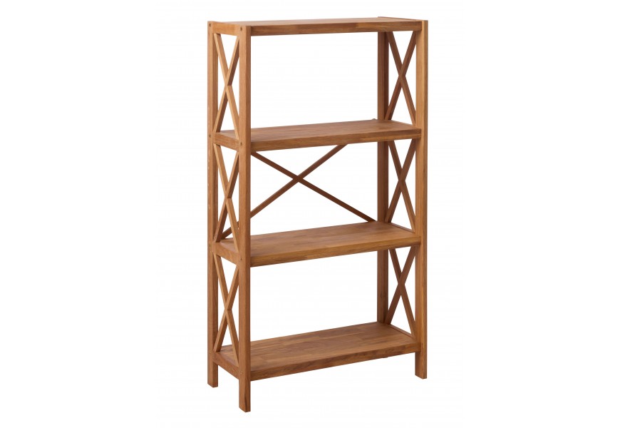 Masívny škandinávsky regál Lixi z dubového dreva v prírodnej svetlej hnedej farbe s tromi policami s vrchnou odkladacou doskou s výstuhami z tvare X na bokoch a zadnej strane