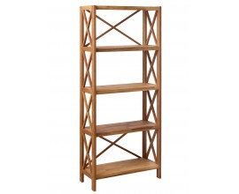 Vidiecky mas&iacute;vny reg&aacute;l Lixi z dubov&eacute;ho dreva v pr&iacute;rodnom svetlom hnedom odtieni s priznanou kresbou letokruhov so &scaron;tyrmi policami a otvorenou kon&scaron;trukciou s v&yacute;stuhami v tvare X na n&iacute;zkych nožičk&aacute;ch