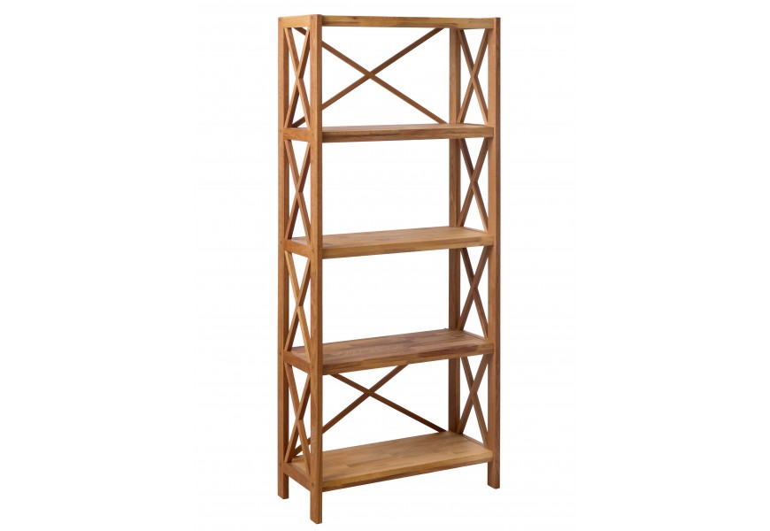 Vidiecky masívny regál Lixi z dubového dreva v prírodnom svetlom hnedom odtieni s priznanou kresbou letokruhov so štyrmi policami a otvorenou konštrukciou s výstuhami v tvare X na nízkych nožičkách