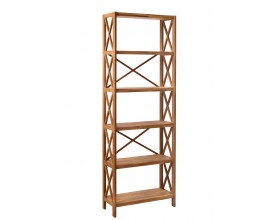 Vidiecky masívny regál Lixi s piatimi policami a krížovými výstuhami z dubového dreva v prírodnej hnedej farbe 198 cm