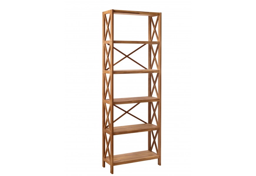 Škandinávsky svetlý hnedý dubový regál Lixi s piatimi policami na nožičkách s rámom na bokoch a zadnej strane s konštrukčnými prvkami v tvare X