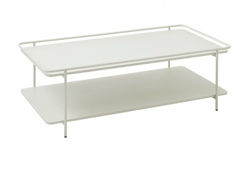 Škandinávsky konferenčný stolík Koge s obdĺžnikovou vrchnou doskou s vyvýšeným okrajom a policou so štyrmi nohami z kovu so svetlým bielosivým náterom s teplým podtónom