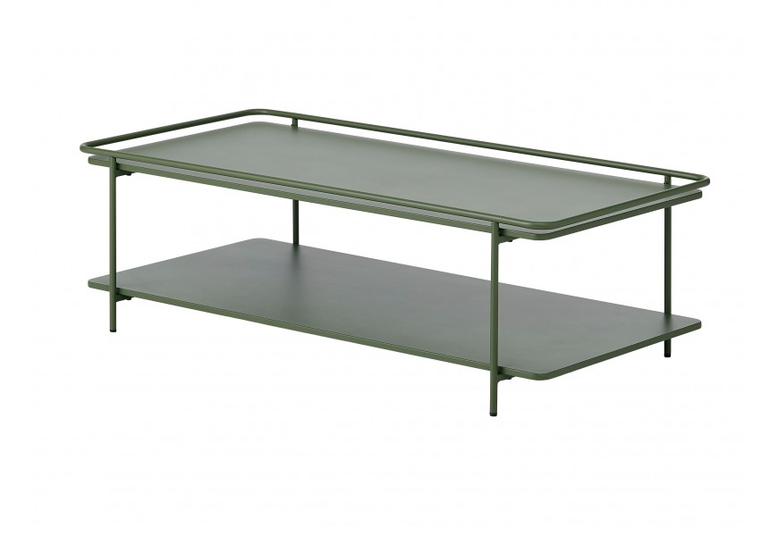 Moderný obdĺžnikový olivovo zelený konferenčný stolík Koge s policou s vyvýšeným okrajom a štyrmi štíhlymi nohami z kovu