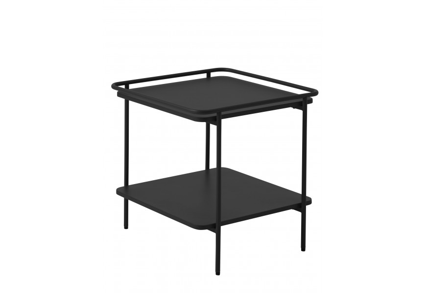 Moderný štvorcový čierny kovový príručný stolík Koge s policou a doskou s vyvýšeným rámom so štyrmi štíhlymi nohami