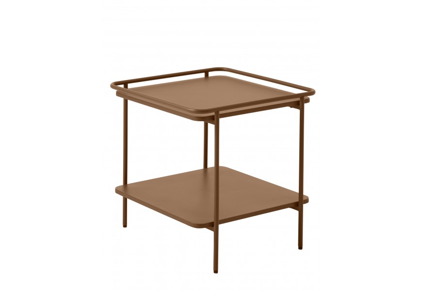 Industriálny štvorcový kovový príručný stolík Koge s vrchnou doskou s vyvýšeným rámom a otvorenou policou so štyrmi štíhlymi nohami v hnedej farbe s terakotovým odtieňom