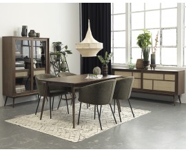 &Scaron;kandin&aacute;vska seversk&aacute; zostava n&aacute;bytku do jed&aacute;lne Aarhus v dubovom preveden&iacute; v tmavej hnedej farbe s b&eacute;žov&yacute;m ratanov&yacute;m v&yacute;pletom s olivovo zelen&yacute;mi čal&uacute;nen&yacute;mi stoličkami s obdĺžnikov&yacute;m rozkladac&iacute;m stolom a pr&iacute;born&iacute;kom a vitr&iacute;nou s presklen&yacute;mi dvierkami