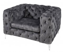 Luxusn&eacute; chesterfield kreslo Modern Barock v tmavosivej farbe so zamatov&yacute;m poťahom a strieborn&yacute;mi nožičkami z kovu 120 cm 