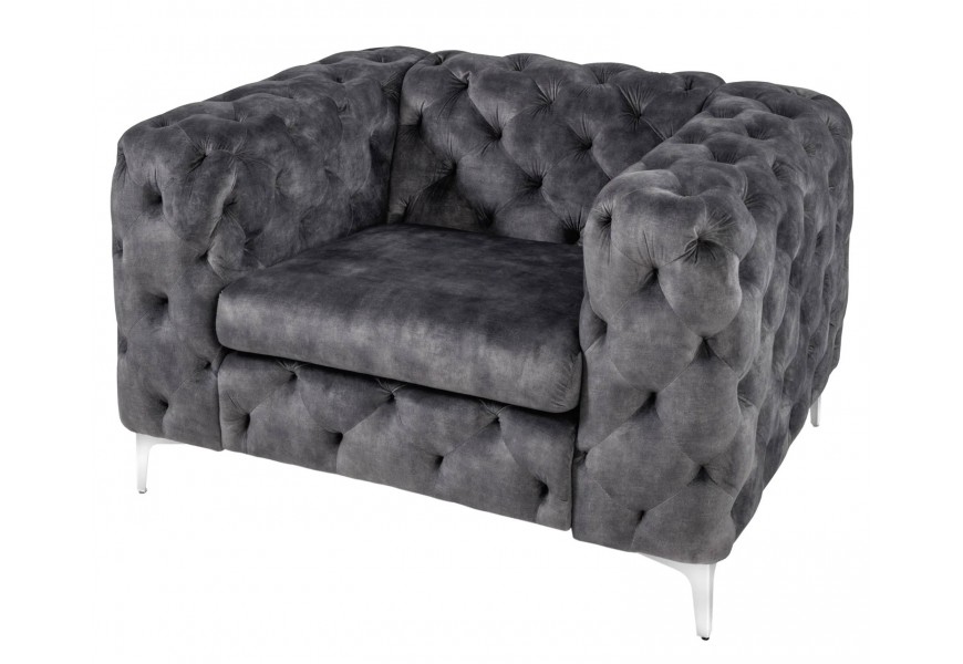 Moderné zamatové štvorcové kreslo s chesterfield prešívaním s gombíkmi Modern Barock v tmavom sivom odtieni so sedadlom bez prešívania so striebornými kovovými nožičkami