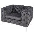 Moderné zamatové štvorcové kreslo s chesterfield prešívaním s gombíkmi Modern Barock v tmavom sivom odtieni so sedadlom bez prešívania so striebornými kovovými nožičkami