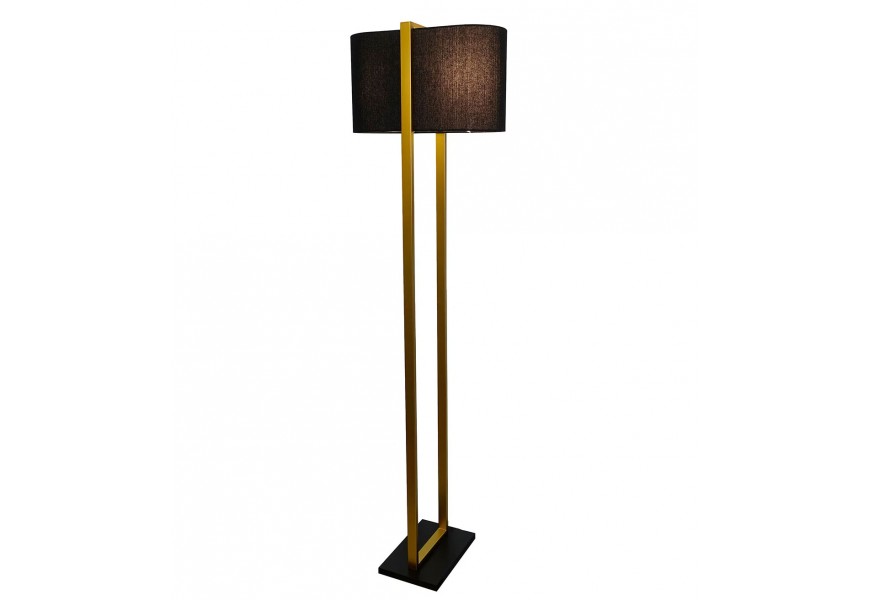 Luxusná glamour obdĺžniková stojaca lampa Ambient s oválnym tmavým látkovým tienidlom so zlatým kovovým rámom s povrchovovu úpravou a  zlatou obdĺžnikovou podstavou z MDF materiálu a dlhým prívodným káblom