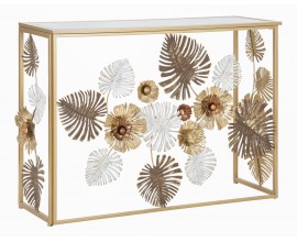 Dizajnov&yacute; glamour zlat&yacute; konzolov&yacute; stol&iacute;k Floral s obdĺžnikovou zrkadlovou doskou a kovovou podstavou s flor&aacute;lnym zdoben&iacute;m 114 cm