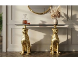 Dizajnov&yacute; glamour konzolov&yacute; stol&iacute;k Tierra Glam s čiernou mramorovou doskou a zlatou kovovou podstavou s dvomi pantermi 116 cm