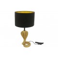 Art deco nočná lampa Tierra Glam s kovovou nohou v zlatej farbe v tvare zdvihnutej kobry s rozprestretým golierom a stočeným chvostom s čiernym textilným tienidlom valcovitého tvaru so zlatým vnútrom