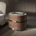 Luxusn&yacute; art deco ov&aacute;lny orechovo hned&yacute; nočn&yacute; stol&iacute;k Vita Naturale s dvomi z&aacute;suvkami a bielym mramotom so sivou kresbou 58 cm