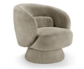 Dizajnov&eacute; art deco otočn&eacute; kreslo Elian s bukl&eacute; poťahom v hnedosivom odtieni taupe so zaoblenou siluetou 76 cm
