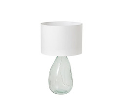 Dizajnov&aacute; modern&aacute; stoln&aacute; lampa Glassy s priehľadnou nohou zo skla s bielym textiln&yacute;m tienidlom 60 cm