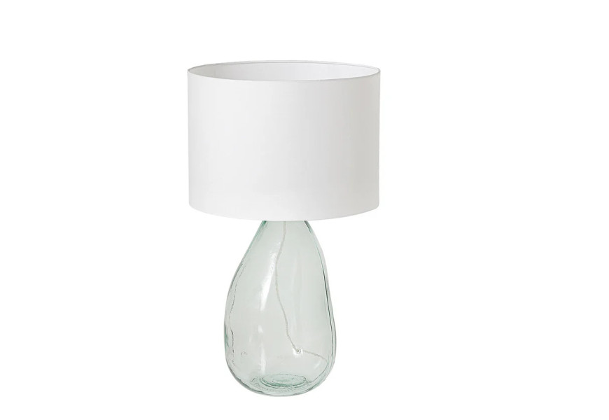 Dizajnov&aacute; modern&aacute; stoln&aacute; lampa Glassy s priehľadnou nohou zo skla s bielym textiln&yacute;m tienidlom 60 cm