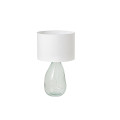 Dizajnov&aacute; modern&aacute; stoln&aacute; lampa Glassy s priehľadnou nohou zo skla s bielym textiln&yacute;m tienidlom 60 cm